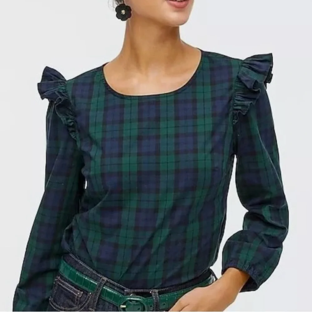 J. Crew Top, Size Unmarked, Blue & Green Paid, Slipover w/Shoulder Ruffles.